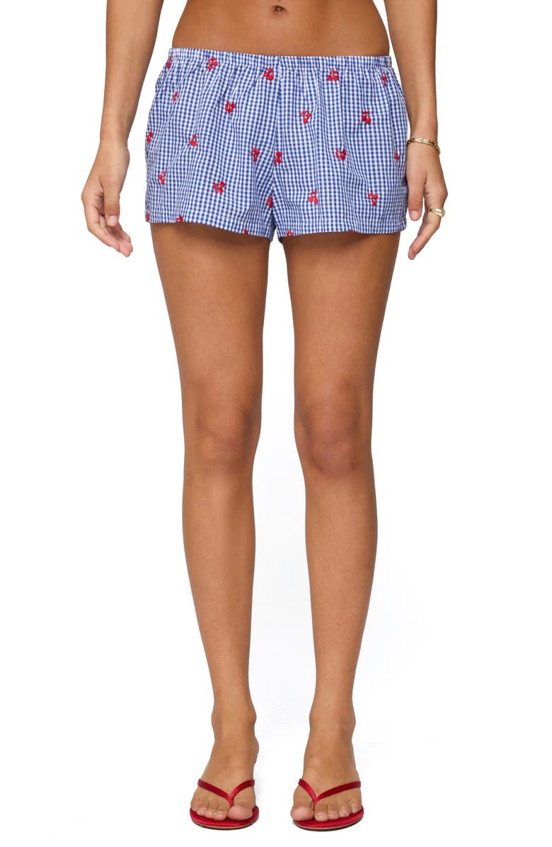 EDIKTED Embroidered Cherry Cotton Boxer Shorts, Main, color, Blue