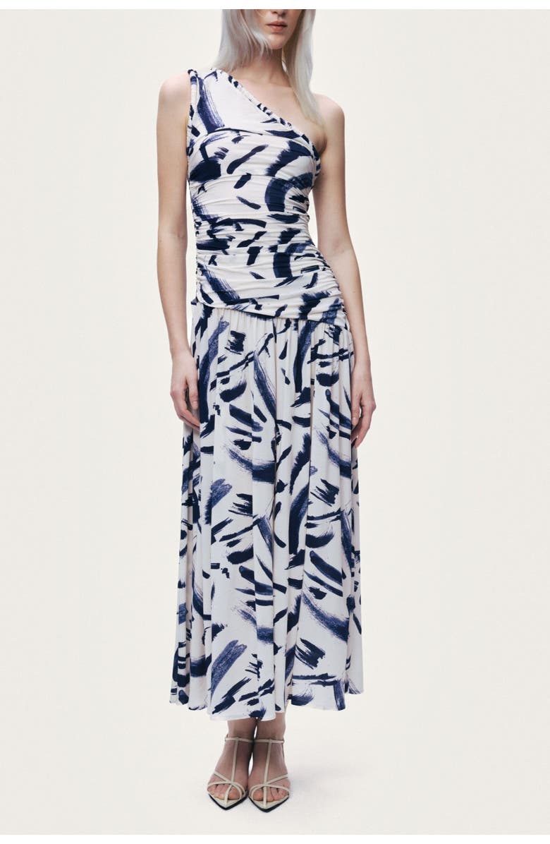 Nocturne Printed One-Shoulder Draped Midi Dress, Main, color, Multi-Colored