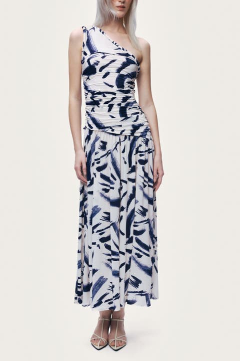 Printed One-Shoulder Draped Midi Dress