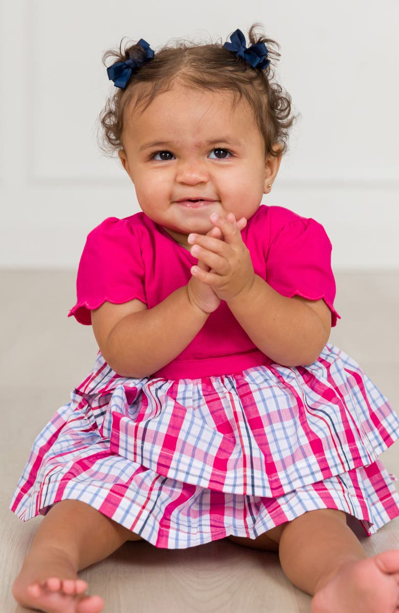 RuffleButts Adley Plaid Mixed Media Stretch Cotton Skirted Bodysuit, Alternate, color, Pink