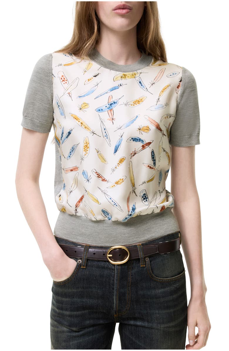 Burberry Feather Print Panel Wool Silk T-shirt, Main, color, Pale Grey