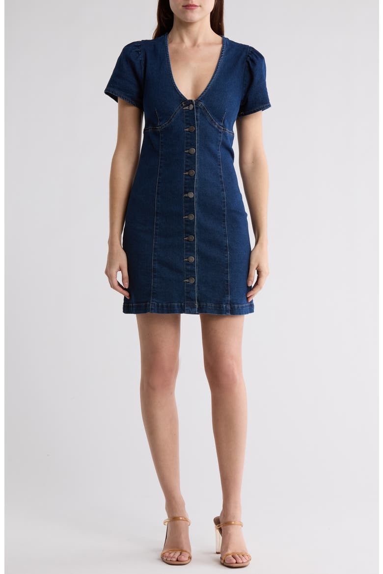 Short Sleeve Button-Front Denim Dress, Main, color, DARK WASH