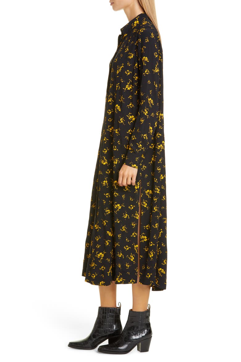 Floral Print Crepe Long Sleeve Midi Dress, Alternate, color, BLACK