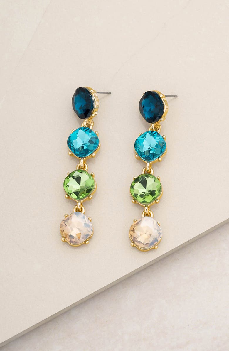 Ettika Four the Money Crystal Drop Earrings, Alternate, color, Blue