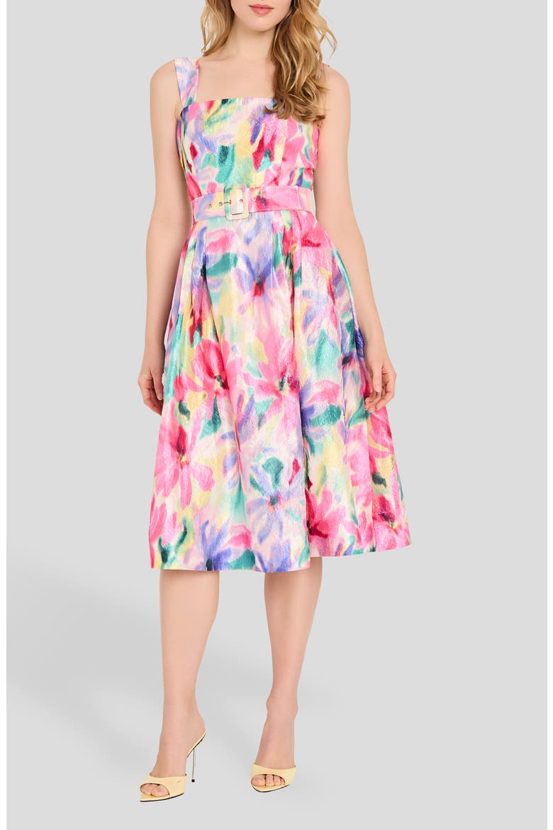 Print Crinkle Belted Fit & Flare Dress, Main, color, IVORY MULTI
