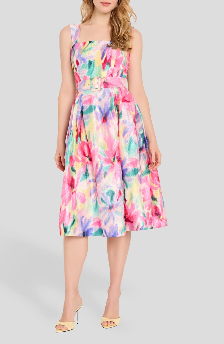 Tahari ASL Print Crinkle Belted Fit & Flare Dress, Main, color, Ivory Multi
