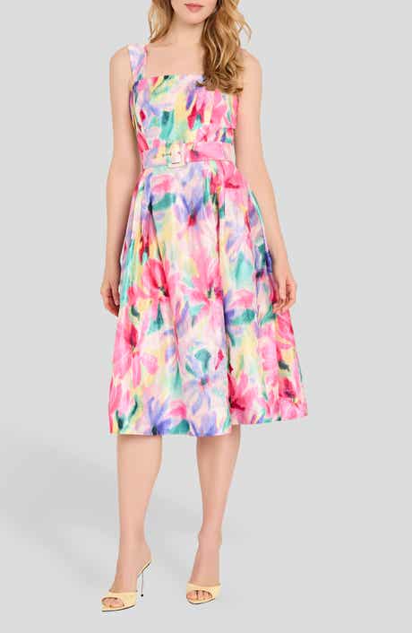 Print Crinkle Belted Fit & Flare Dress