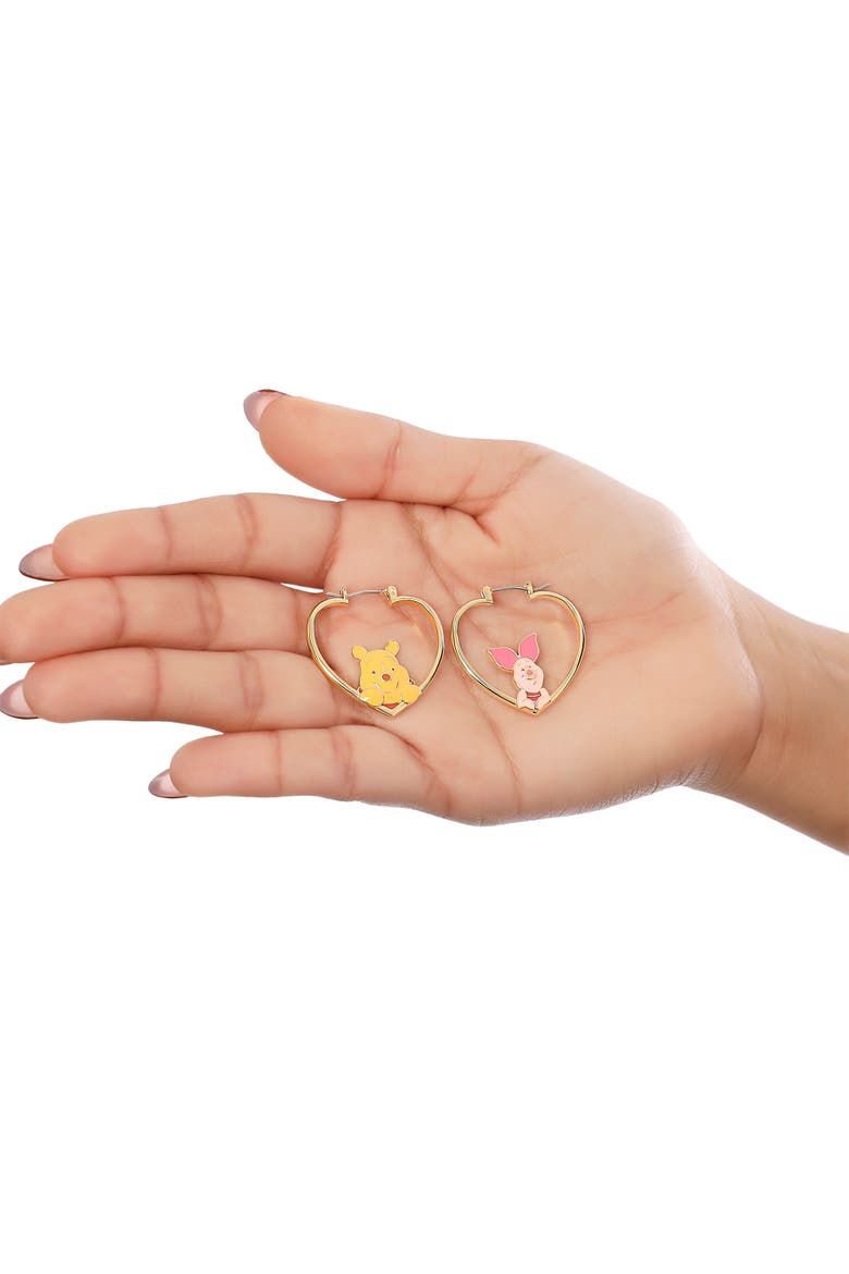 Winnie The Pooh And Piglet Mismatched Heart Hoop Earrings, Alternate, color, Gold