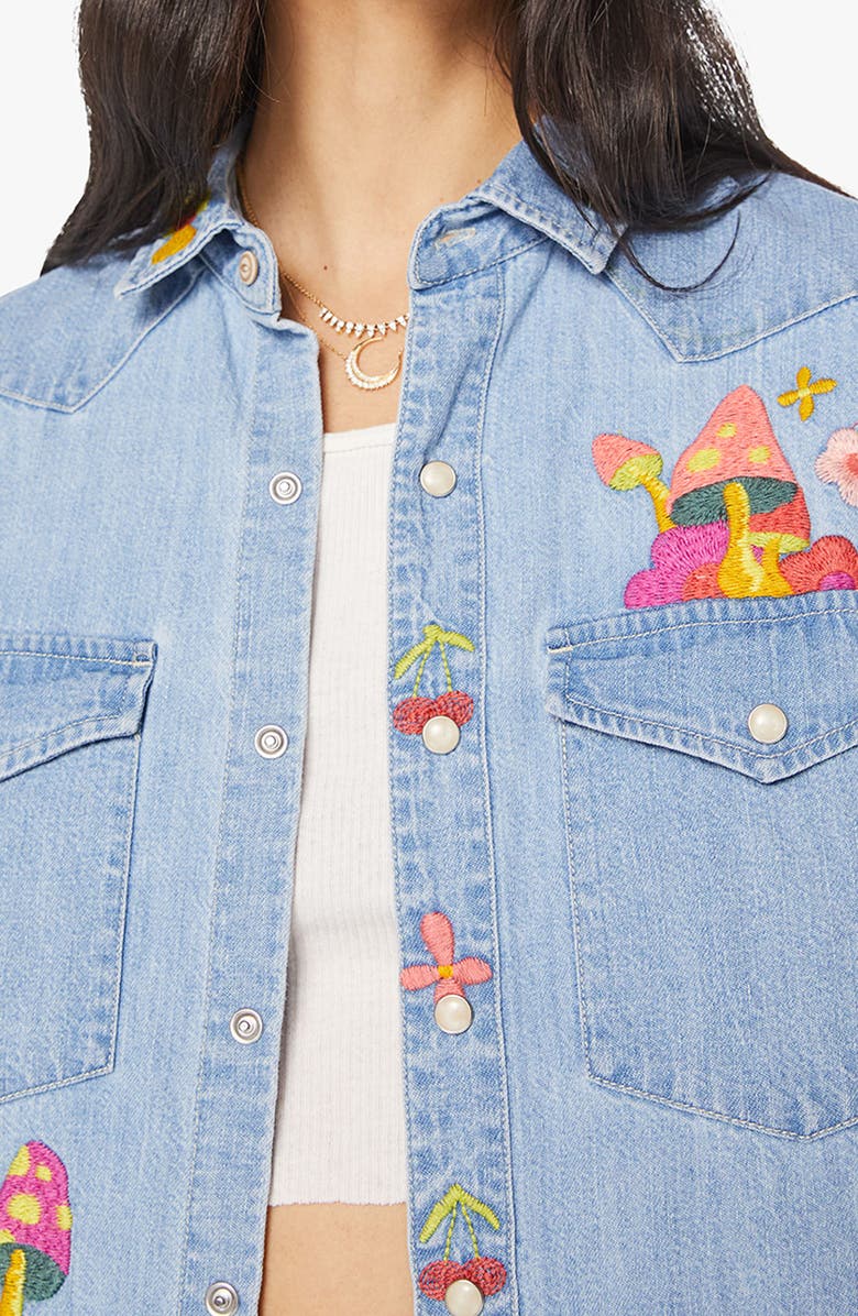 MOTHER The Honey Embroidered Denim Snap-Up Shirt, Alternate, color, Cant Find My Classhroom