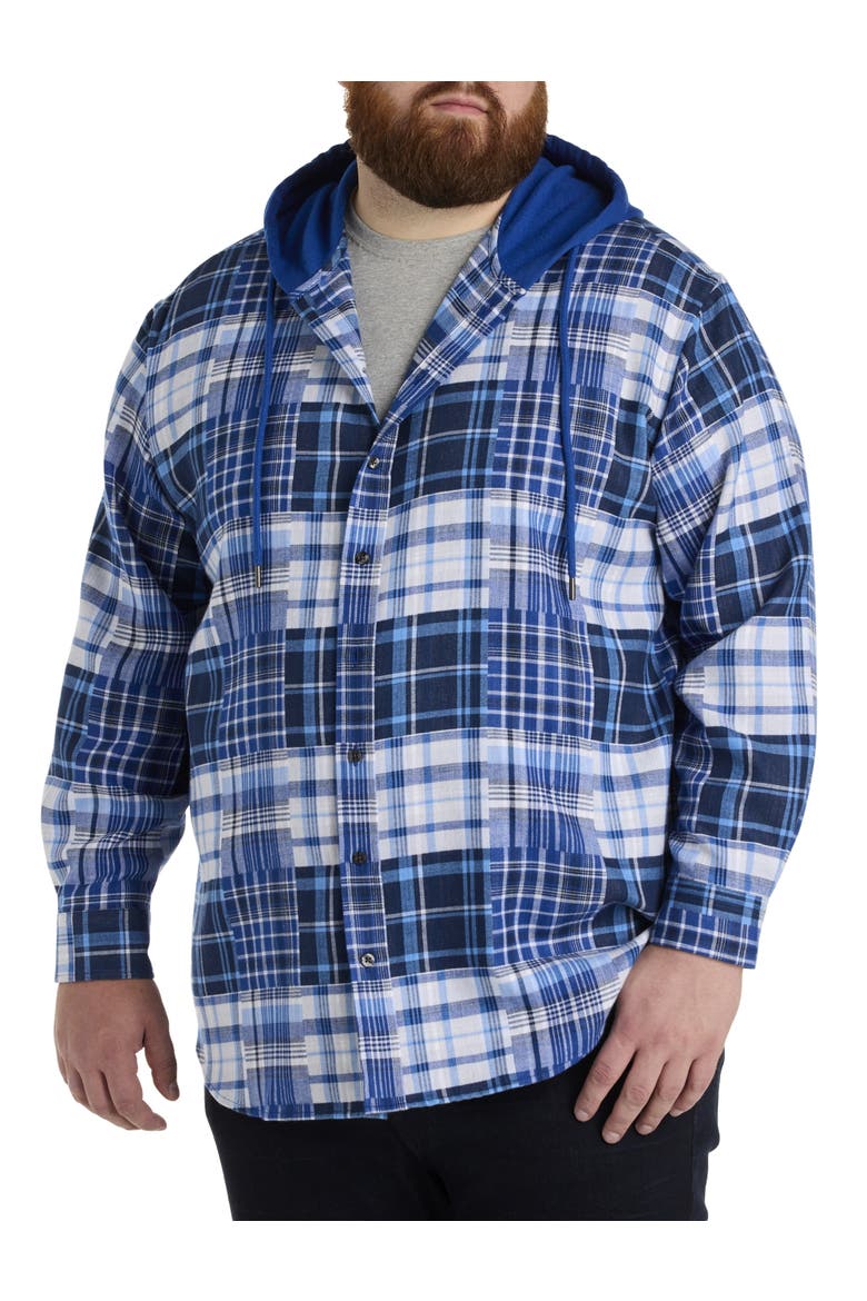 Big & Tall Plaid Hooded Flannel Sport Shirt, Alternate, color, BLUE MULTI
