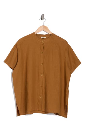 Eileen Fisher Band Collar Short Sleeve Organic Linen Button-up Shirt