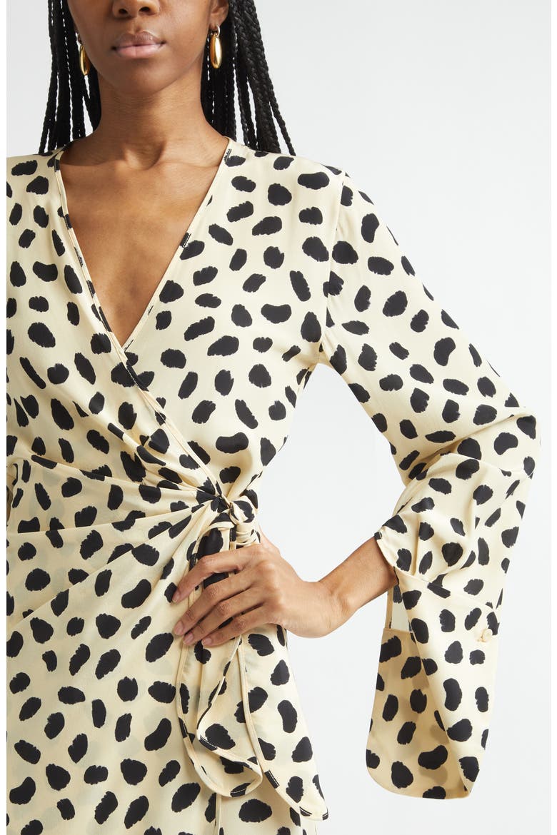 Ollantay Print Long Sleeve Silk Wrap Dress, Alternate, color, ECRU / BLACK