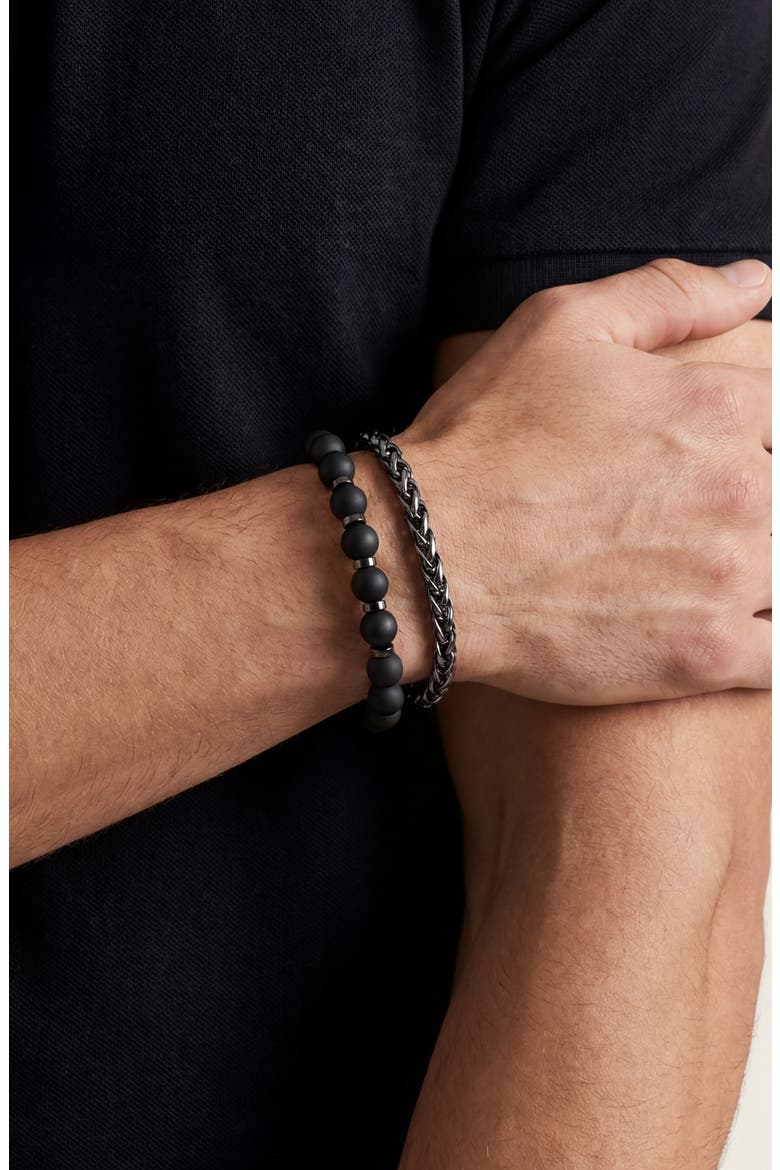 Matte Black Bead & Chain Bracelet Set, Alternate, color, ONYX