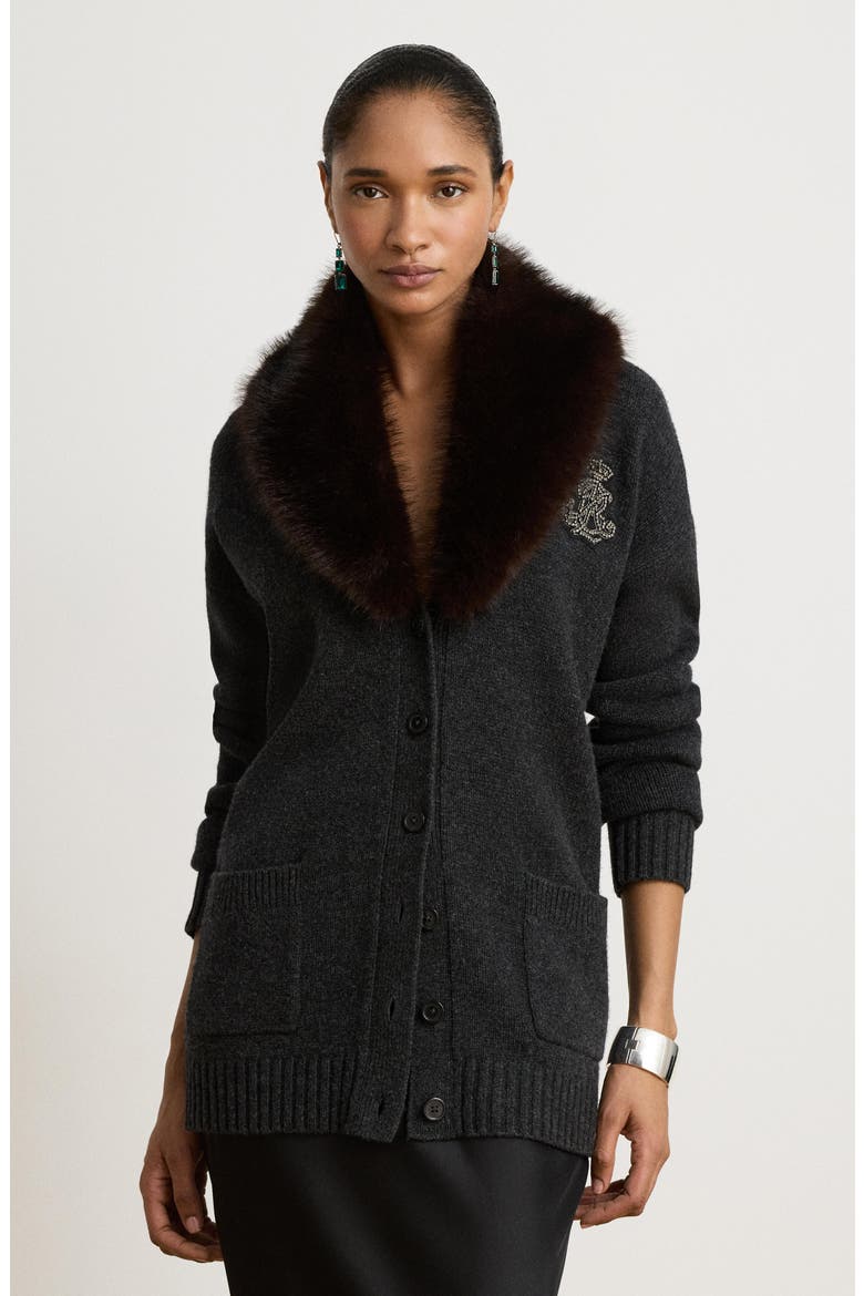 Faux Fur Trim Wool & Cashmere Cardigan, Alternate, color, GREY