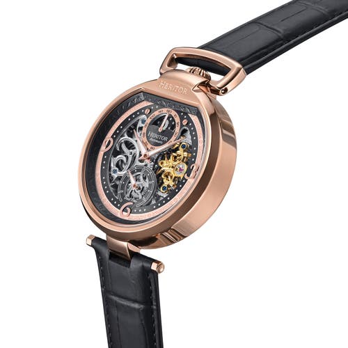 Heritor Automatic Lincoln Leather-band Skeleton Watch With Moon Phase In Gold