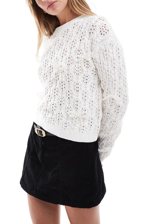 Faux Pearl Bow Open Stitch Sweater