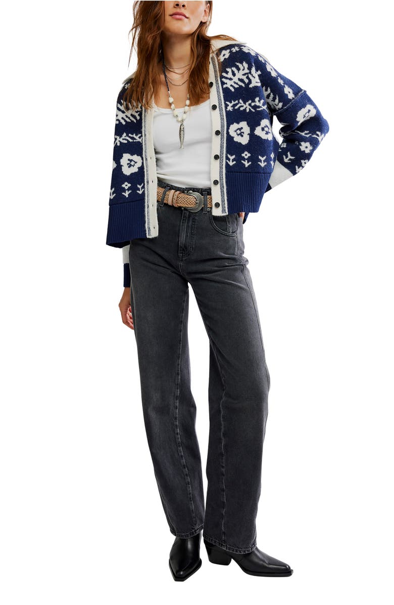 Free People Shelby Floral Jacquard Cardigan, Alternate, color, Navy