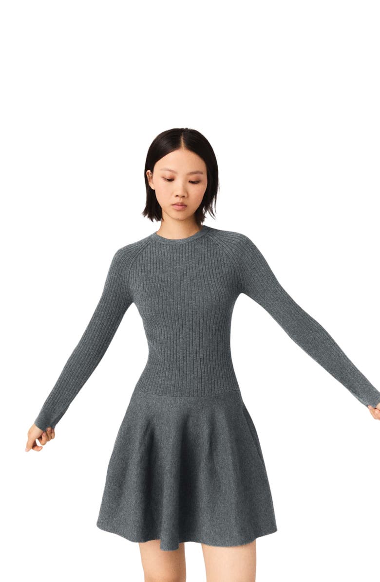 maje Beaded-collar short knit dress, Main, color, Grey