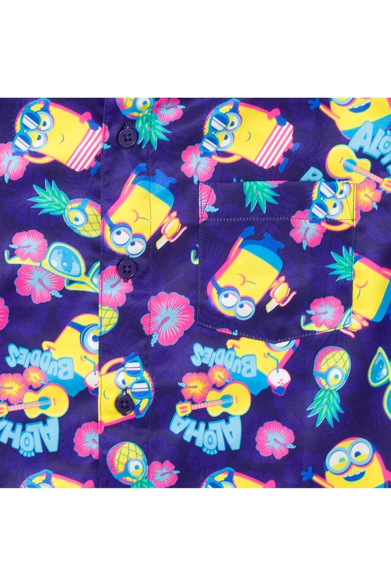 Minions Hawaiian Short Sleeve Button Down Shirt, Alternate, color, Navy Tropical Leaf