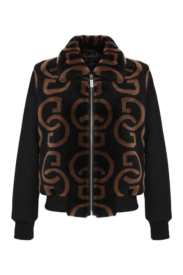 G Printed Merino Genuine Shearling Bomber Jacket Crafted with Loro Piana Wool Trim, Alternate, color, BLACK/CHESTNUT