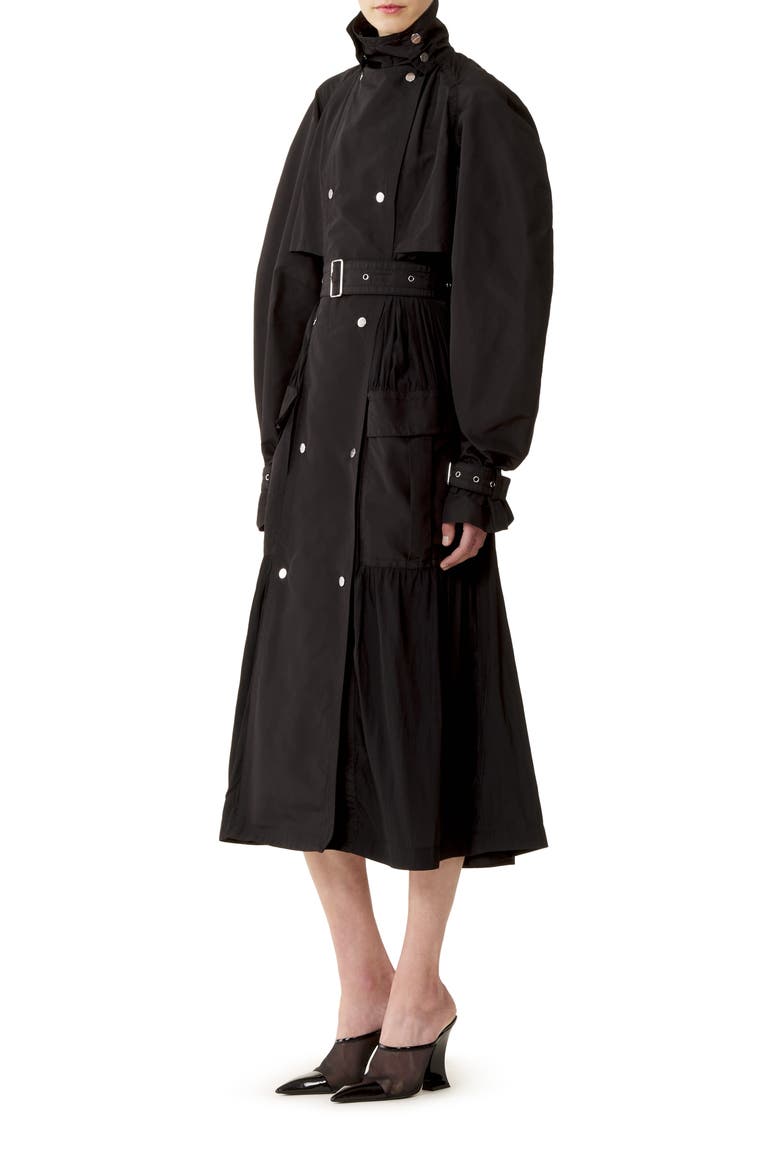 Bi-Material Trench Coat In Silk Faille And Charmeuse Fabric, Alternate, color, Black