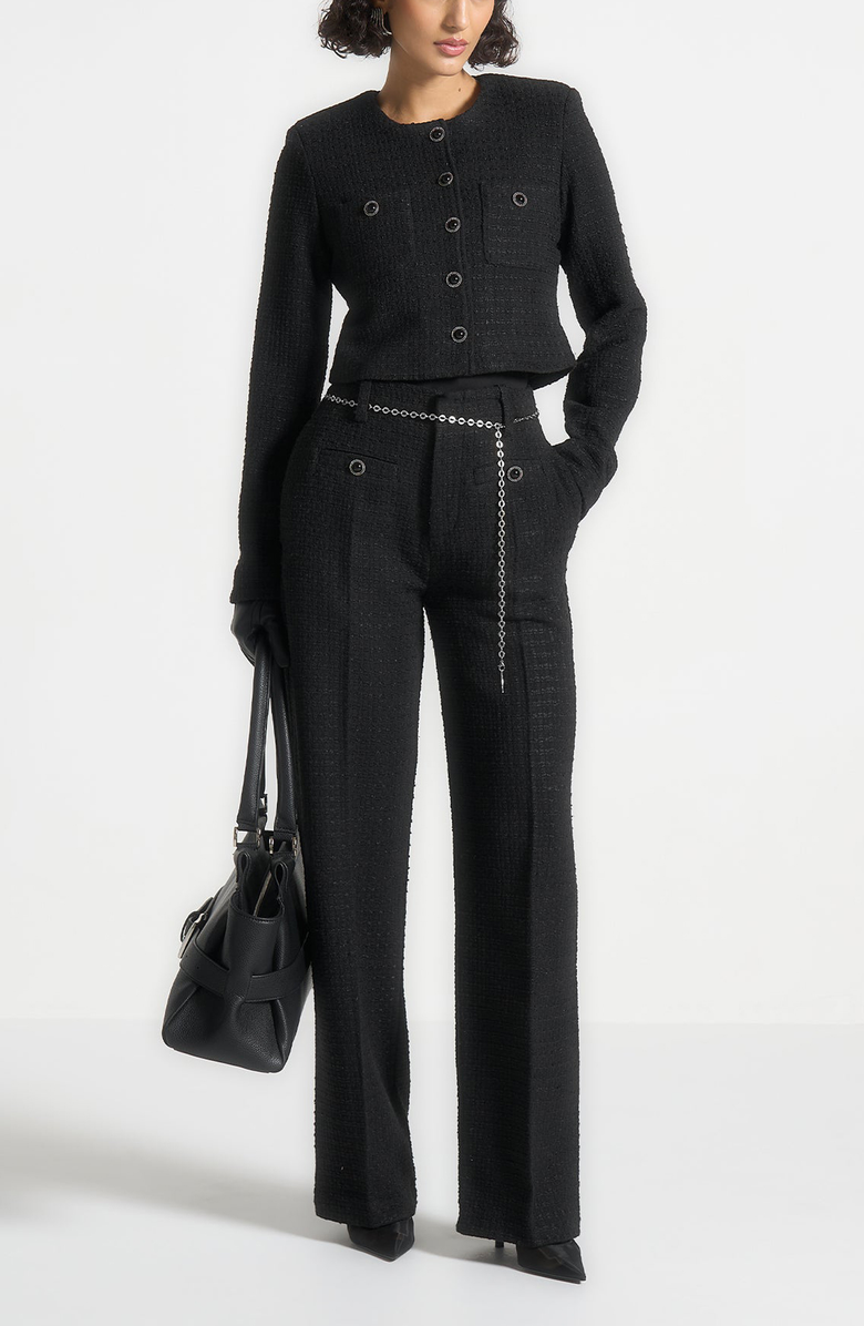 Manière De Voir Celine Cropped Tweed Jacket with Pearls, Alternate, color, Black