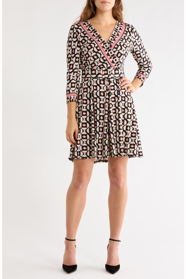 Geometric Long Sleeve Belted Minidress, Main, color, BLACK/ ECRU/ MULTI