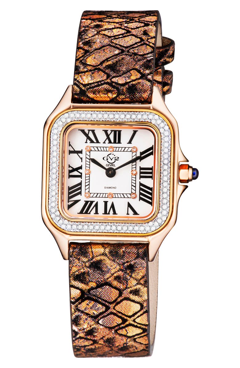 GEVRIL Women's Milan Diamond Swiss Quartz Embossed Leather Strap Watch, 27.5mm - 0.038 ctw, Main, color, 
