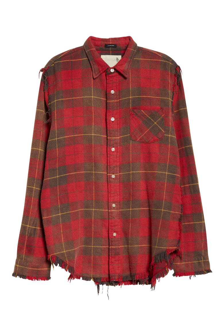 Shredded Seam Distressed Plaid Button-Up Shirt, Alternate, color, RED/ GREY PLAID
