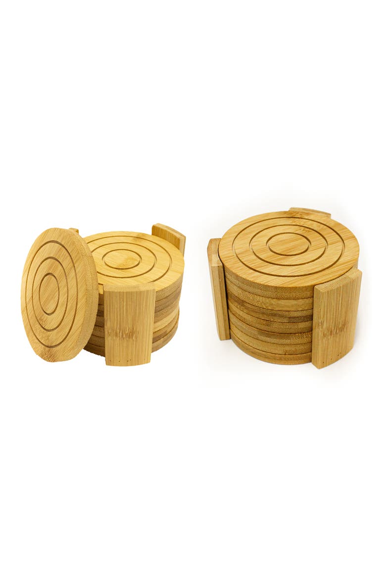 14-Piece Bamboo Coaster Set, Main, color, BROWN