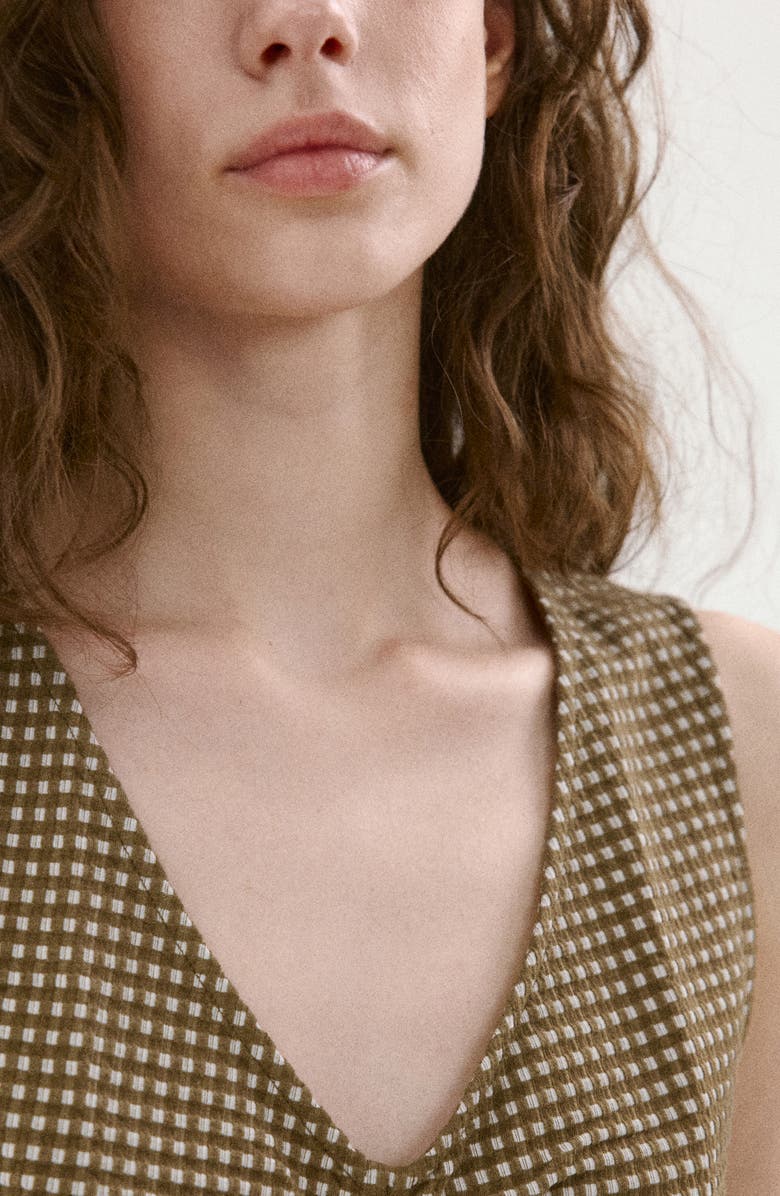 MANGO Micro Check Ruched Cotton Blend Top, Alternate, color, Khaki