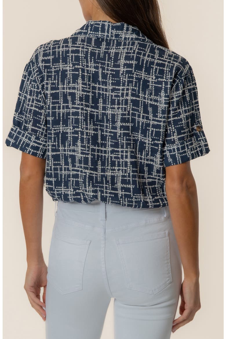 Rebel Printed Knot Front Linen Blend Top, Alternate, color, LEEDS NAVY/IVORY