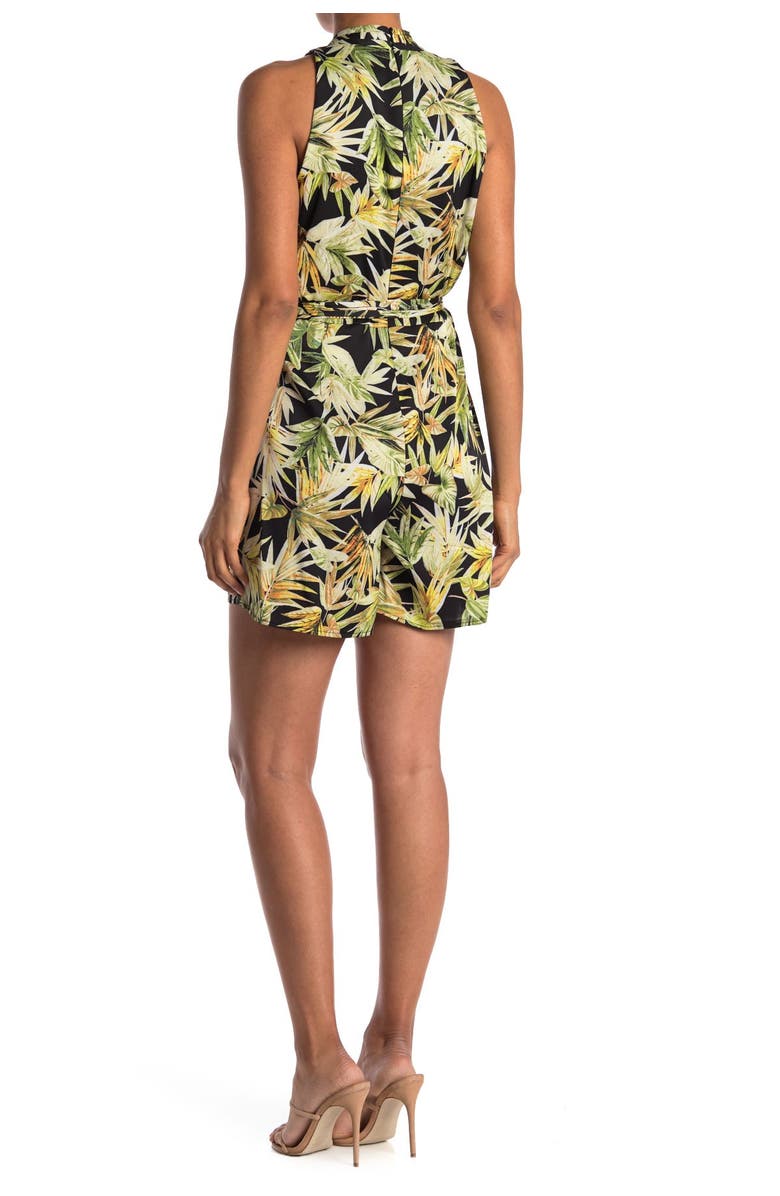 London Times Plunge Neck Tie Waist Tropical Print Romper, Alternate, color, 