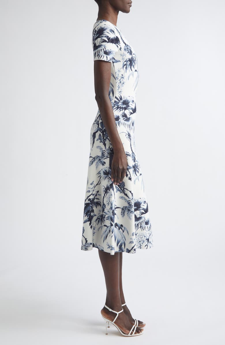 Oscar de la Renta Tonal Tropical Knit Midi Dress, Alternate, color, Navy/ Ivory