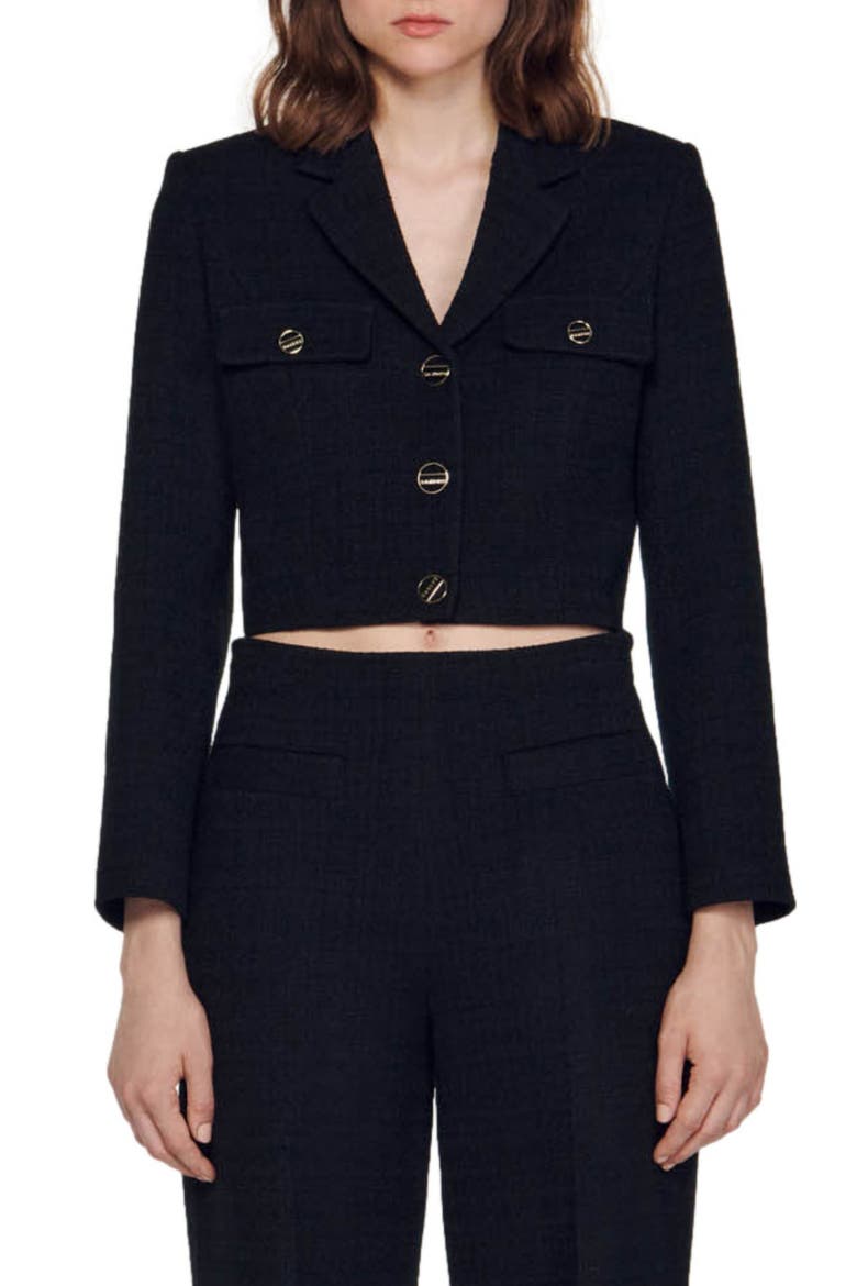 Edma Tweed Crop Blazer, Main, color, BLACK