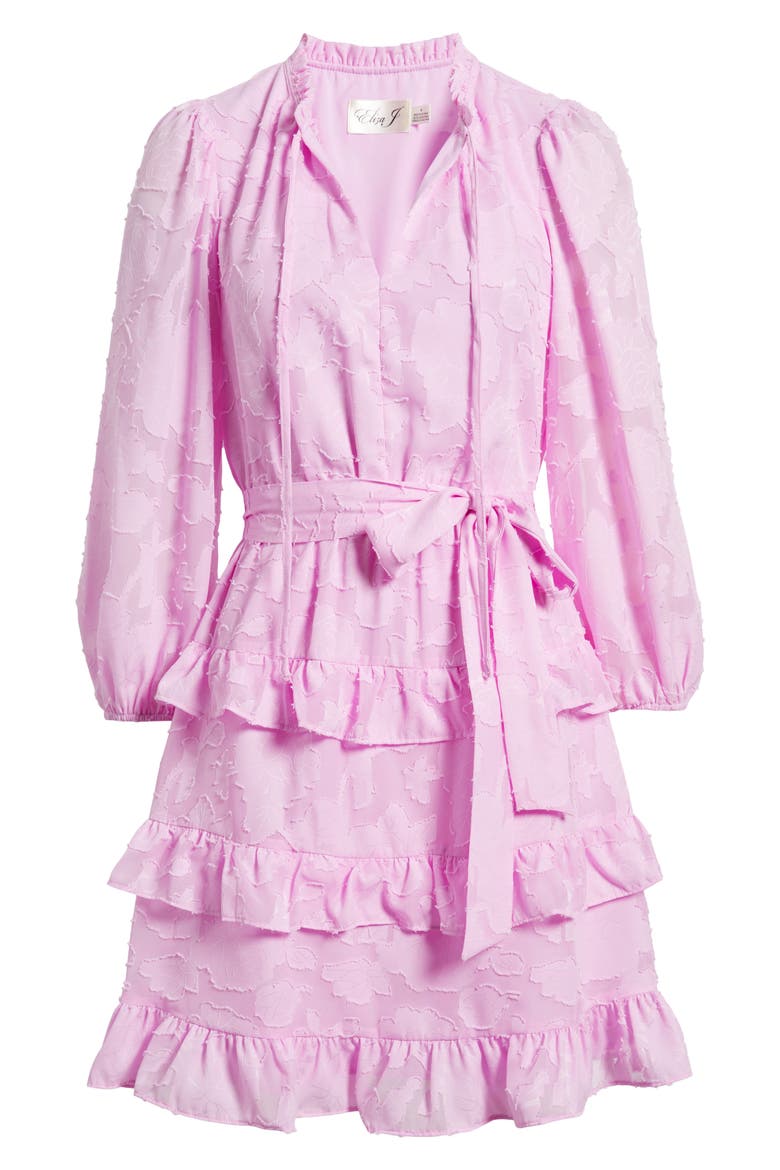 Tie Waist Long Sleeve Tiered Dress, Alternate, color, PEONY