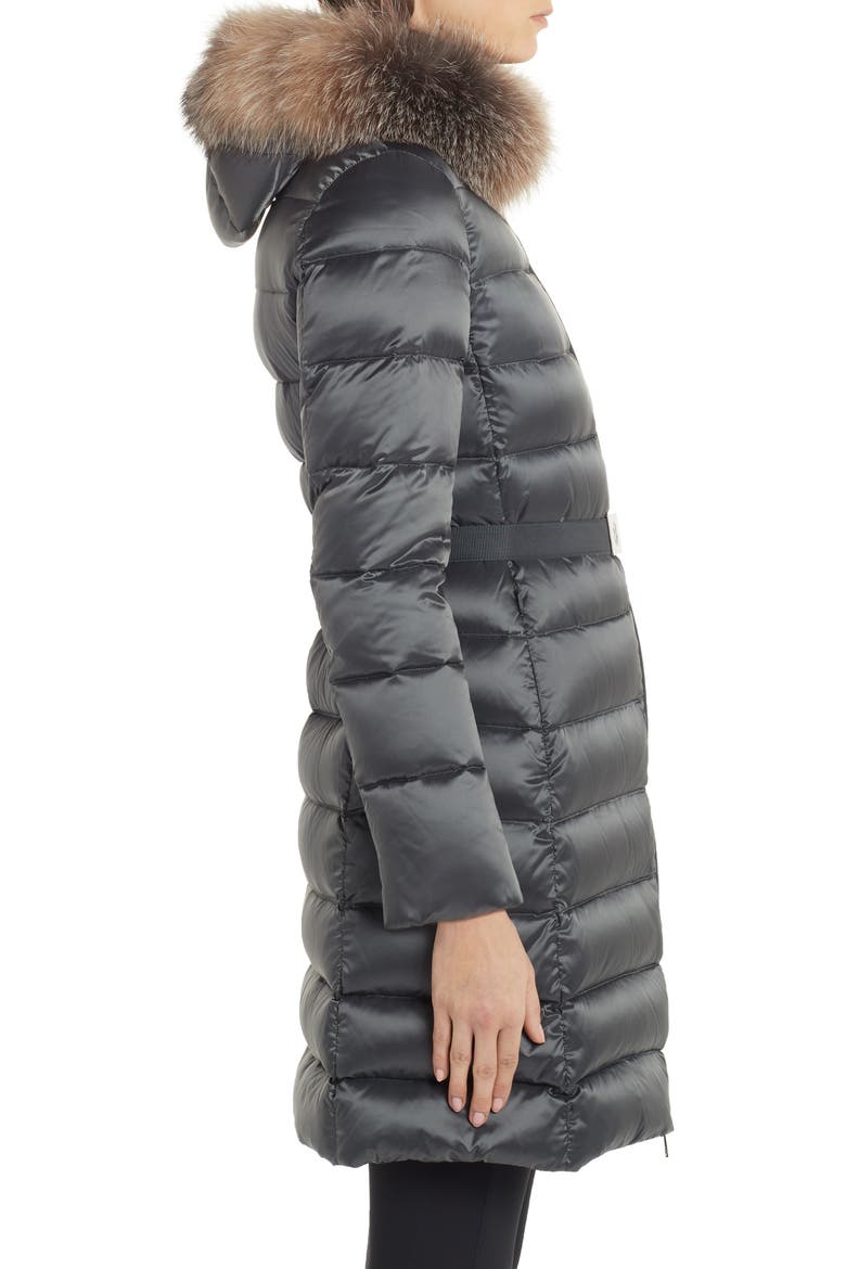 Tinuv Belted Satin Down Coat with Detachable Genuine Fox Fur Hood Trim, Alternate, color, GREY