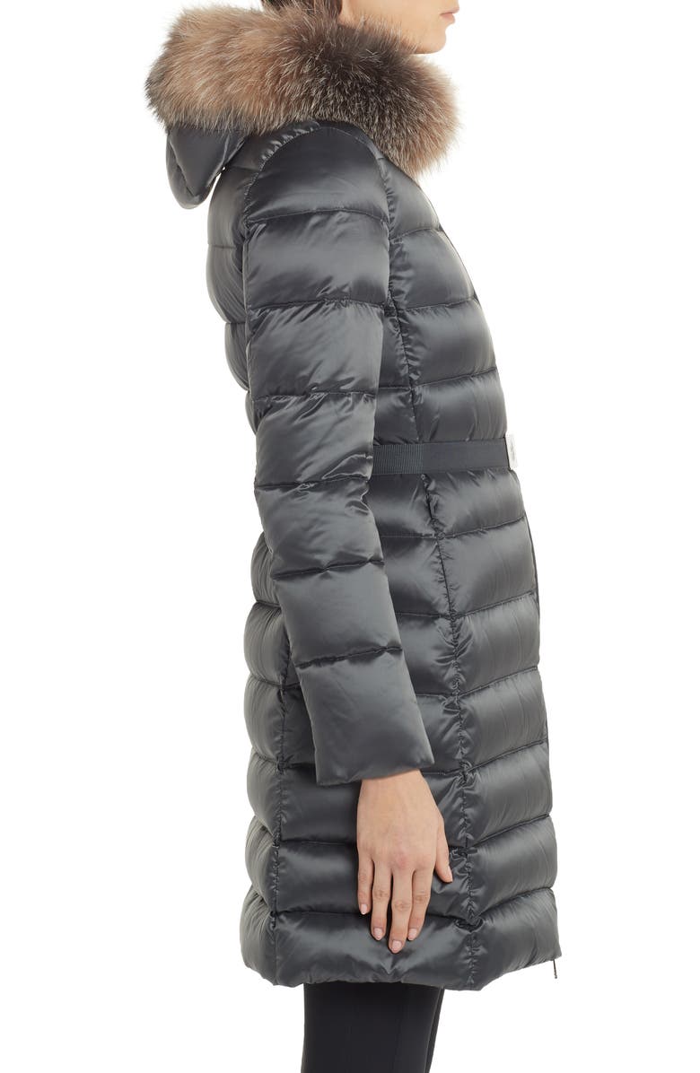 Moncler Tinuv Belted Satin Down Coat with Detachable Genuine Fox Fur Hood Trim, Alternate, color, 