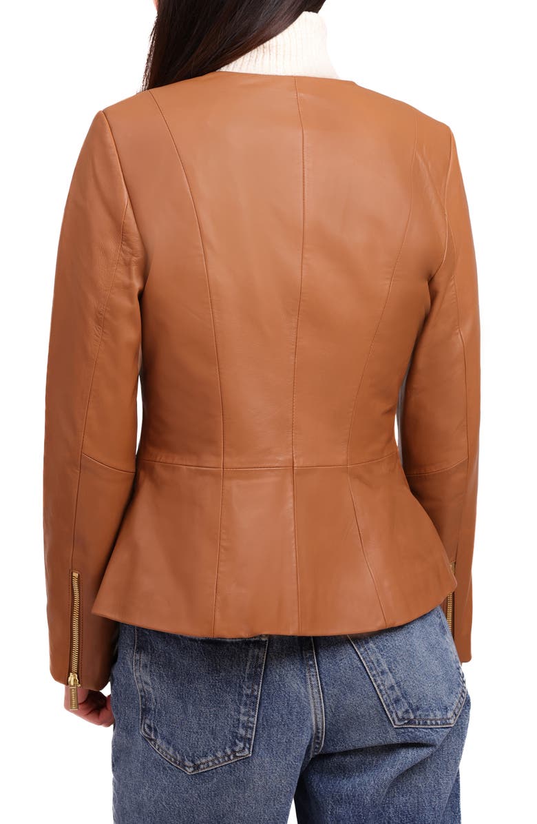 Bagatelle Genuine Leather Zip Front Peplum Jacket, Alternate, color, Cognac