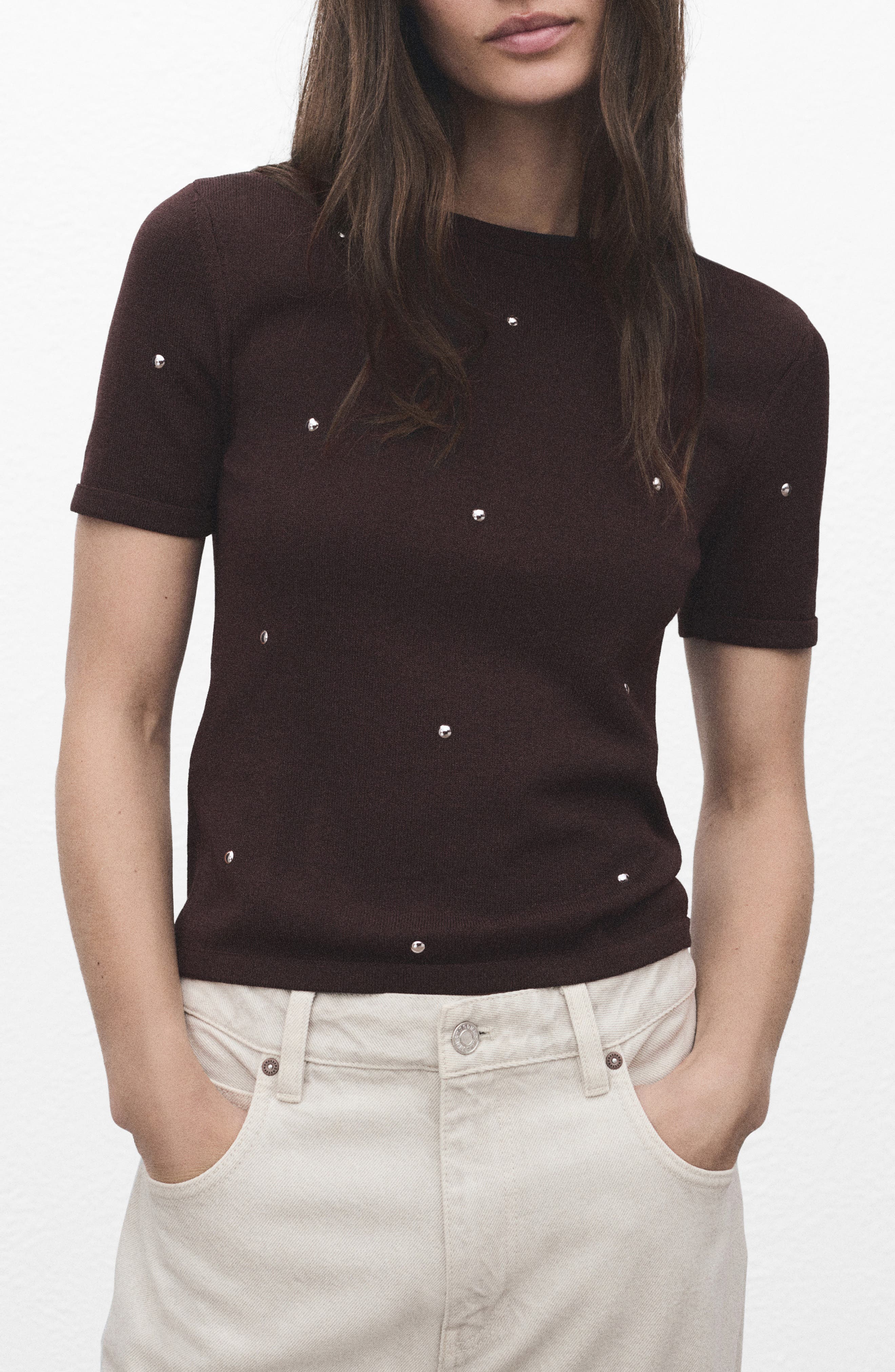 MANGO Studded Short Sleeve Sweater