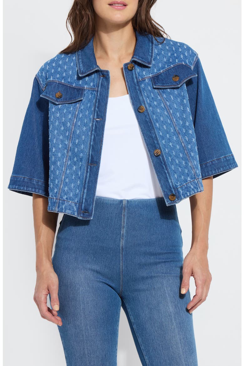 Thea Crop Short Sleeve Denim Jacket, Main, color, MID WASH