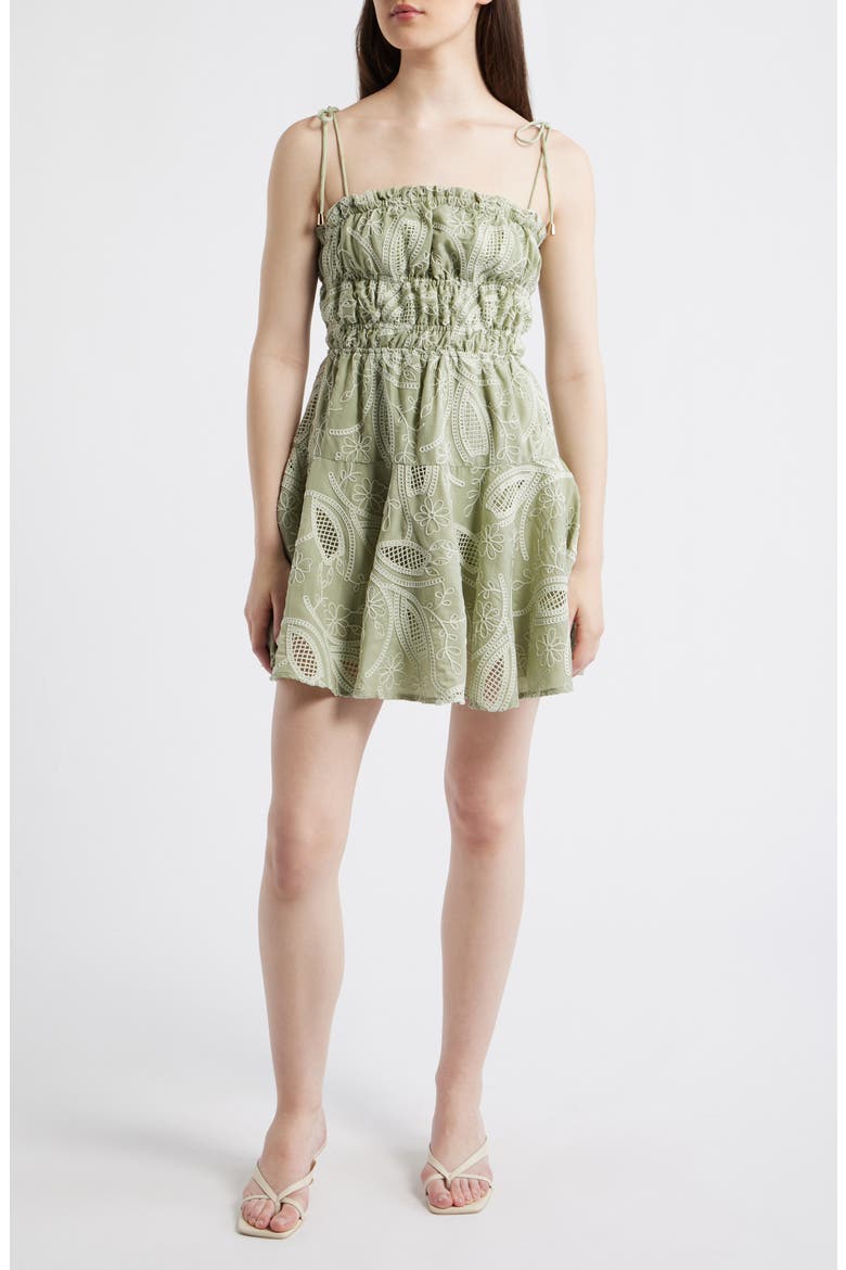 Embroidered Shirred Fit & Flare Minidress, Main, color, OLIVE