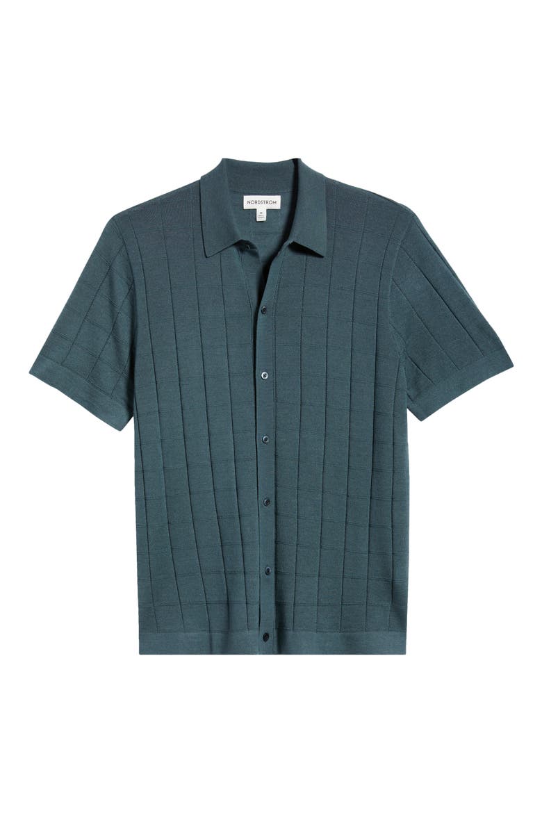 Textured Merino Wool & Silk Short Sleeve Button-Up Sweater, Alternate, color, BLUE SLATE