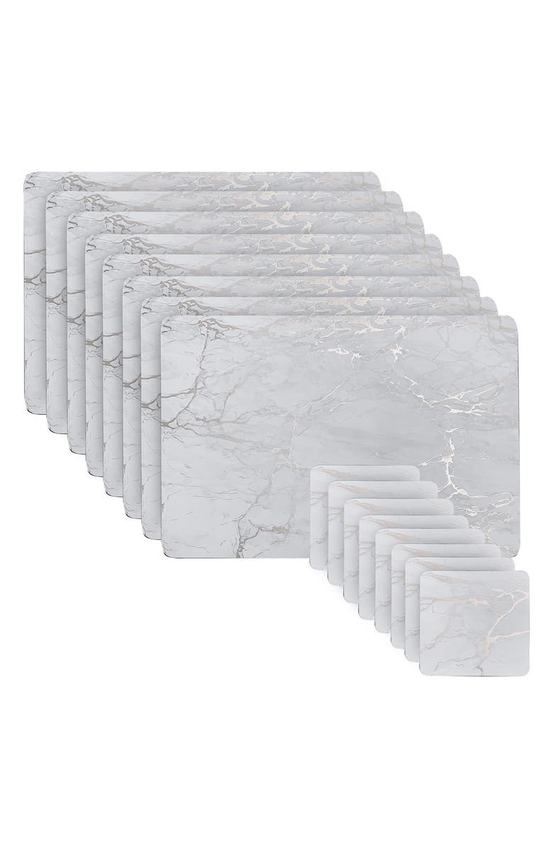 DAINTY HOME Marble Print 16-Piece Placemat & Coaster Set, Main, color, Silver
