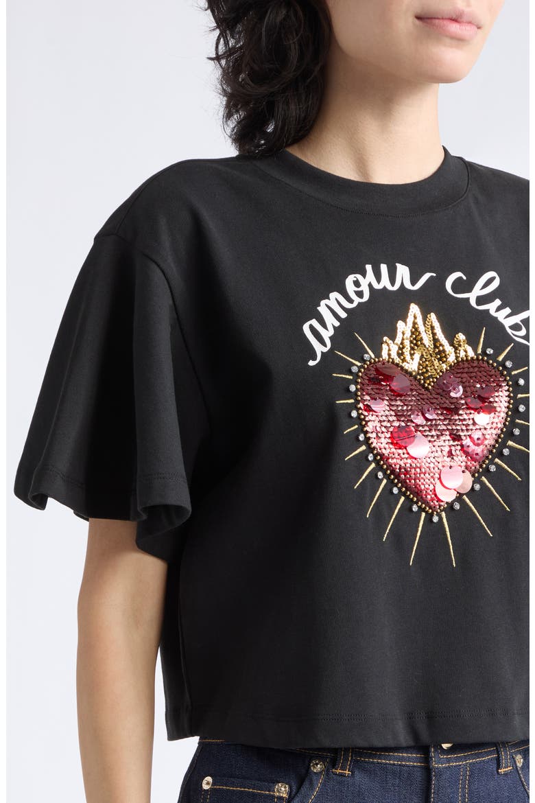 Orsa Flutter Sleeve Sequined Heart Graphic T-Shirt, Alternate, color, BLACK