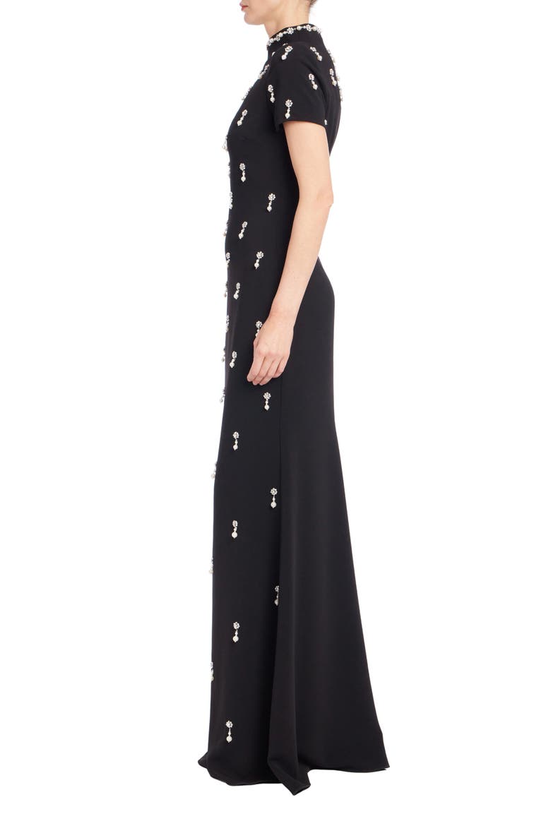 Embellished Mock Neck Stretch Crepe Gown, Alternate, color, BLACK