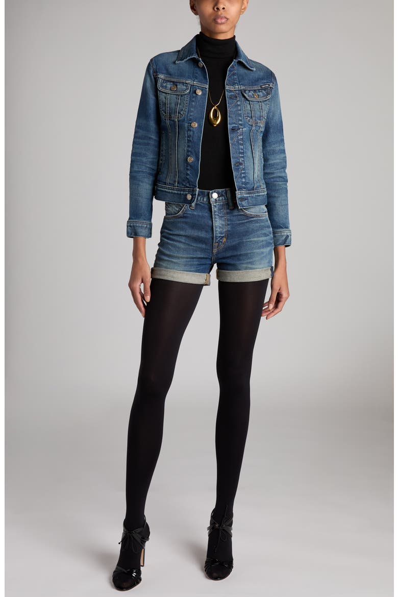 High Waist Rolled Hem Comfort Stone Washed Denim Shorts, Alternate, color, HB772 MID BLUE