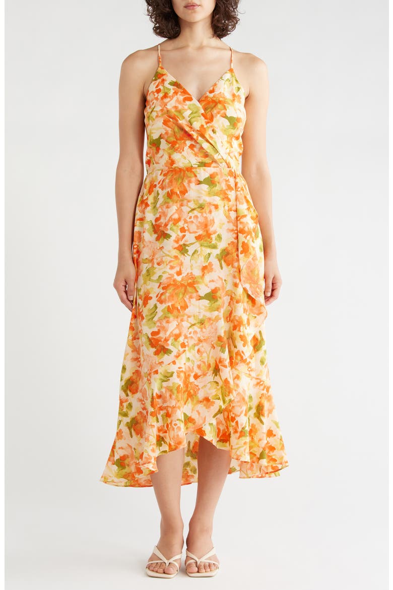 Floral Faux Wrap Midi Dress, Main, color, ORANGE GREEN REBECCA FLORAL