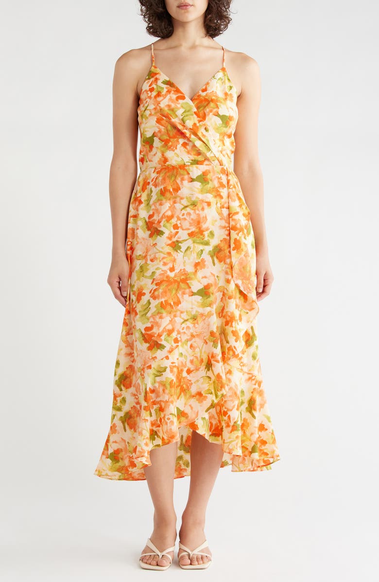 Chelsea28 Floral Faux Wrap Midi Dress, Main, color, Orange Green Rebecca Floral