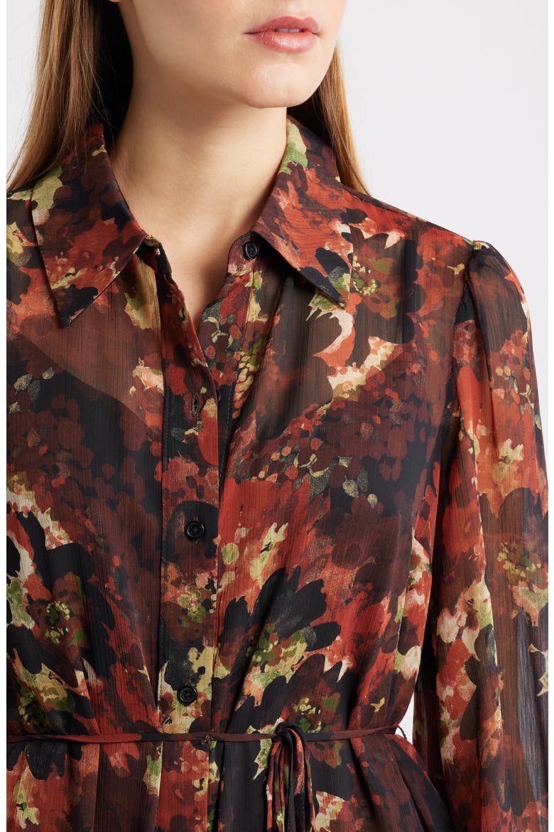Floral Long Sleeve Tiered Chiffon Shirtdress, Alternate, color, BROWN MULTI